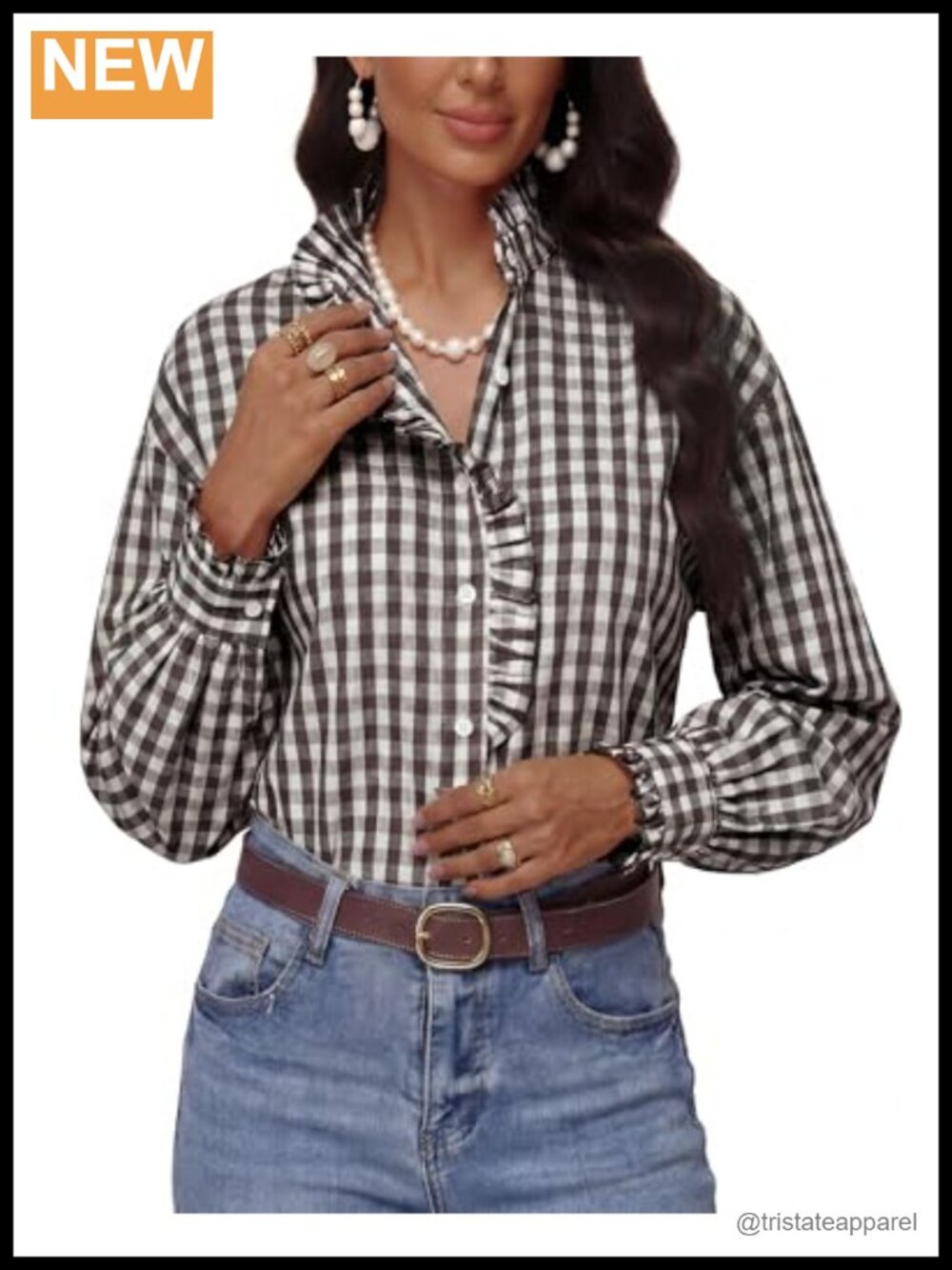 Women's Plaid Ruffle Collar V-Neck Button Down Long Sleeve Cotton Blouse